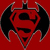 A static pixelated icon features a red shield with black 'S' symbol, flanked by black bat-like wings on a solid red background.