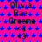 Pixelated text and symbols on a pink background with blue stars, showing repeated name sequences and emoticons in black font.