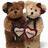 Two teddy bears holding heart-shaped objects with changing text overlays.