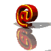 Red and yellow 3D @ symbol rotates through multiple angles with visible reflections on a gray background.