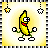 Pixelated banana character with red mouth and white eyes, standing on yellow background with hanging star decorations.