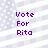 Pixelated purple text "Vote For Rita" on a light blue and white striped background with scattered white dots.
