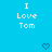 A static pixel art image with a bright cyan background displaying repeated text "I Love Tom" and small heart symbols.