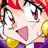 Anime-style character with red hair and large eyes, mouth open in a shout, wearing yellow earrings and purple clothing, next to black background with white text.