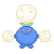 Blue round character with red eyes and green leafy top holding white spherical objects, displayed in a of three and three