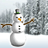 Pixelated snowman with orange carrot nose, black button eyes, and brown stick arms stands against snowy background.