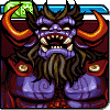 Pixel art of a purple-skinned demon with large orange horns, sharp teeth, and long brown hair against a dark red background.