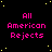 Black background with yellow star-like dots, pink text reading 'All American Rejects' repeated in a pattern, and a solid gray rectangle in the bottom-right corner