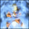 Animated character with spiky yellow hair in orange and blue outfit performing dynamic pose against blue smoky background.