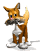 Animated cartoon fox with brown and white fur, pink nose, and dark gray mustache-like whiskers, standing on white shoes against a white background.