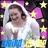 A bride in a white dress and veil with stars on background, text 'weird is me' below.