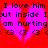 Red background with two pink hearts and black pixelated text reading "I love him but inside I am hurting" repeated twice, each followed by three heart symbols.