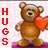 A pixelated brown teddy bear holds a red heart, with vertical red text reading HUGS on the left side against a pastel background.