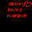 Red pixelated text on black background reads 'abbey' with a heart symbol replacing the 'y', followed by 'loves marina!' in three lines.