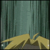 Animated sequence of a character with spiky blonde hair and dark clothing against a green striped background, showing facial expressions from neutral to shouting.