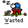 A 4-frame animated contact sheet showing a pixel art character with blue hair and red pants sleeping under a tent, accompanied by a small dog-like creature and the word "Wasted" below each frame.