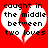 Red background with two white heart shapes split by a red diagonal line, each containing black text reading 'caught in the middle between two loves'.