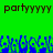 Green background with dark brown text reading 'partyyyyy' repeated twice, blue pixelated shapes resembling hands or objects at the bottom.