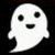White ghost-shaped figures with black eyes and mouths on a dark background, one displaying orange text.
