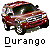 Pixelated image of a red car with visible headlights and wheels, positioned above the text 'Durango' on a gray background.