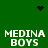 Green background with white pixelated text "MEDINA BOYS" repeated four times, black heart and starburst symbols at top corners.