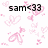 Pixelated image with black text 'sam<33' surrounded by pink heart-shaped and abstract pixel clusters on white background.