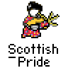A static contact sheet showing two identical pixel art frames of a character with white face, black hair, yellow torso, and red/purple patterned pants holding a yellow stick-like object against a gray background with "badass buddy .com" text in red and black.
