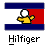 Pixelated icon shows a yellow-shirted figure with raised arms against blue-and-red striped background, below which is pixelated text reading 'Hilliger'.