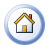 Pixelated house icon with yellow roof, brown chimney, yellow door, and blue circular border on white background.
