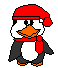 Pixelated penguin wearing red hat and scarf, standing with arms at sides on gray background.