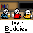 Animated contact sheet of pixel art beer buddies with changing text bubbles and character variations across 21 frames, each frame showing a row of identical cartoon characters holding drinks in front of bookshelves.