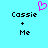 Pixelated cyan background with black text 'Cassie + Me' on both sides and a pink heart symbol above the left side.