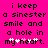 A static image with bright pink background displays black pixelated text reading "i keep a sinester smile and a hole in my heart." with two white hearts replacing the 'e' in 'heart'.