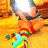 Pixelated figure with orange and yellow tones, wearing a colorful striped outfit against a warm-toned background.