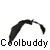 Animated contact sheet of 8 frames showing a black bird-like shape in various flight poses with red eyes, each frame labeled "Coolbuddy" text below it on white background.