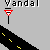 Animated sequence showing a yellow-shirted figure with white head performing actions against black road-like shapes and red-and-white triangular signs, with text "Vandal" repeated across the scene.