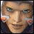 Pixelated character face with light skin, teal eyes, and gray hair, alongside stylized text on a black background.