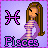 Pixel art contact sheet showing two frames of a Pisces-themed animated buddy icon with a female character and zodiac symbol.