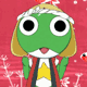 Green cartoon frog with large black eyes and white pupils, wearing a yellow star on chest, red vest, and light brown hair under white headband, set against pink background with faint white patterns.