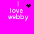 A bright pink background displays four identical text blocks reading "I love webby" with varying pixelated symbols above the 'I'.