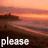 A beach scene at sunset with a person walking on the sand, waves rolling in, and a distant structure on the horizon, overlaid with text reading "please take me far away from here".