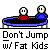 Animated contact sheet of 14 frames showing two stick figures on a trampoline with changing positions and text below each frame reading "Don't Jump w/ Fat Kids".