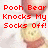 Red text overlays on a pixelated image of a character with a round head and button-like face, showing two distinct text configurations.