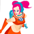 Pixelated character with pink and blue hair in pigtails, wearing an orange crop top and holding a large red weapon.