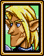 Pixelated elf-like character with blonde hair and blue eyes in a golden frame, showing six distinct facial expressions across frames.