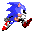 Six pixel-art frames of a blue hedgehog character in motion, showing running and walking poses with red shoes and white gloves against gray background.