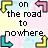 Pixelated static icon with text "on the road to nowhere" surrounded by four colored corner brackets on a pastel gradient background.