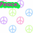 Animated icon with repeating peace symbols in pastel colors and green text boxes displaying 'Peace,', 'Love,', 'Friends', and '!!!' on a white background.