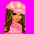 Pixel art of a female character with long brown hair wearing pink headwear and top, blue denim shorts, and high-heeled shoes against a bright pink background.