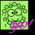 Pixelated green square icon with dark green curly hair, large black eyes, and a pink 'yo!' text overlay.